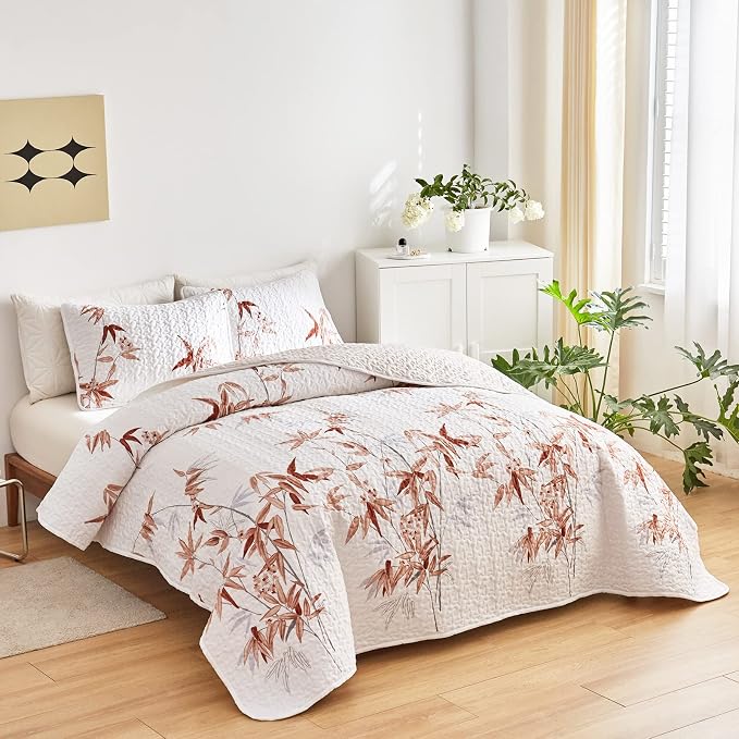Botanical Quilt Set 2 Pieces Twin Size, Burnt Orange Leaves Printed on White - Image 2