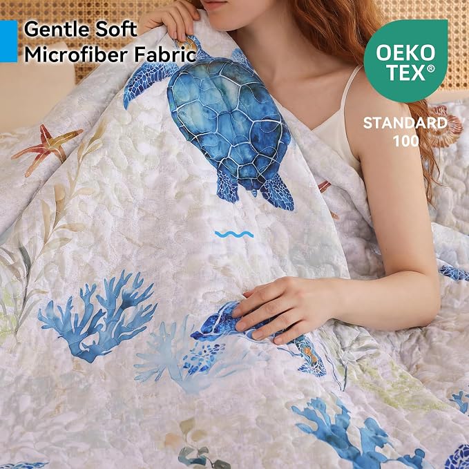 weigelia Coastal Quilt King Size, Sea Turtle Lightweight Summer Bedding | Sea - Image 6