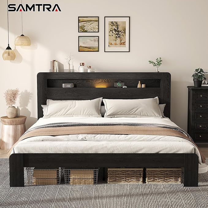 Wooden Bed Frame King Size with Storage Headboard - Farmhouse Platform Bed Frame with Bookcase Shelf & Led Lights, Sturdy Wood Slat Framework Bed Frame (Black LED)