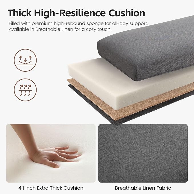 43.5" Upholstered Bedroom Bench, Linen Entryway Bench - Image 3