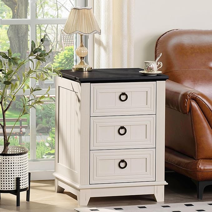 Farmhouse Night Stand Set of 2, 18" End Table with 3 Drawer Metal Handle, Dresser for Bedroom, Sofa Bed Side Table Chest of Drawers,Wood Nightstand Cabinet for Organizer, Living Room-White