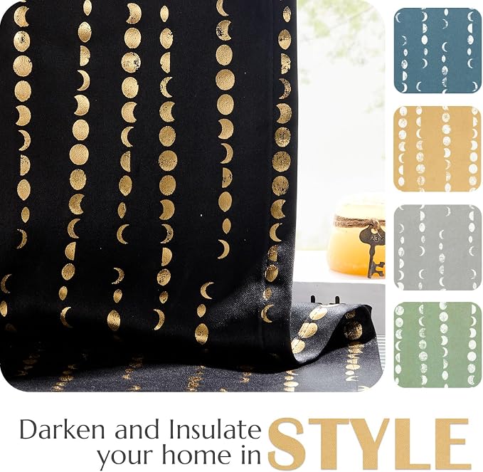 jinchan Boho Blackout Curtains 63 Inch Length Moon Phase Printed Drapes | Gold - Image 6
