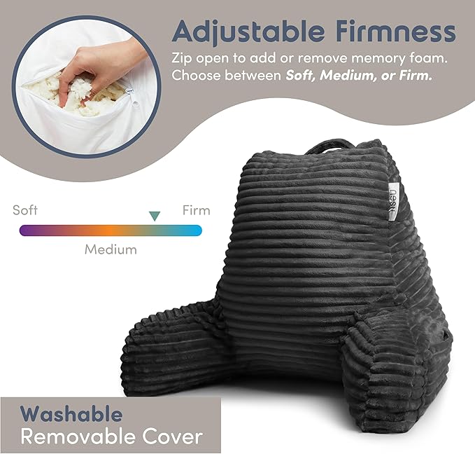 Nestl Reading Pillow with Shredded Memory Foam, Luxe Cut Plush Back Pillow for Sitting Up in Bed, Back and Arms Adjustable Support for Adult & Teens, Backrest Pillows with Washable Cover Dark Grey