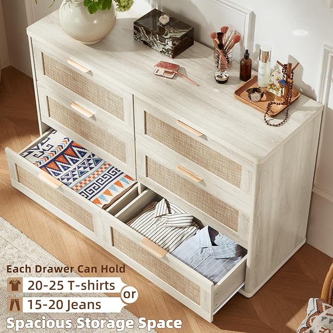 LEYAOYAO Rattan Dresser and Nightstand Sets 3, Boho Wood Dresser for Bedroom with 6 Drawers and Night Stand with 3 Drawer, Bedroom Furniture, Dressers & Chests of Drawers, Living Room, Hallway