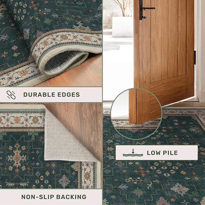 Dark Green Vintage 8x10 Washable Rugs - Image 6