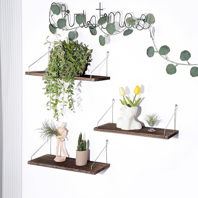 Floating Wall Shelves, Rustic Wood Wall Mounted Shelf Set of 3 | No Drill - Image 2