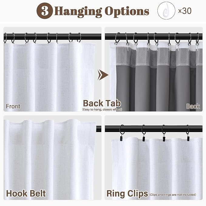 Beige White 100% Blackout Linen Curtains 84 Inches Long 2 Panels Back Tab Hook - Image 3