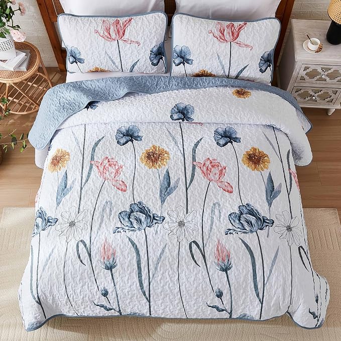 WONGS BEDDING Queen Size Quilt Set, 3-Piece Lightweight Botanical Bedspread | - Image 6