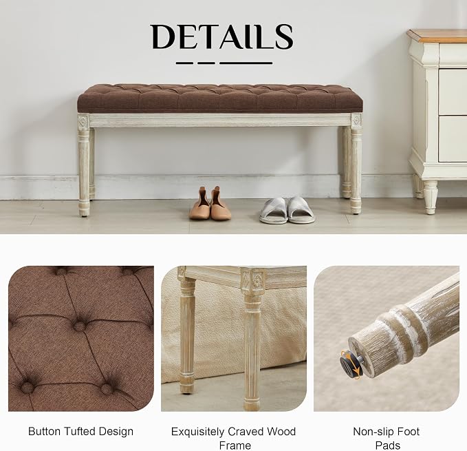 LOULENS 43.9" Linen End of Bed Bench, Vintage Bedroom Bench, Upholstered - Image 5