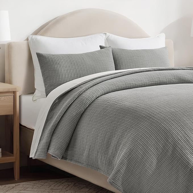 EVERGRACEHOME Cotton Gauze Matelassé Coverlet, Queen Size, Fog Gray | Ultra - Image 3