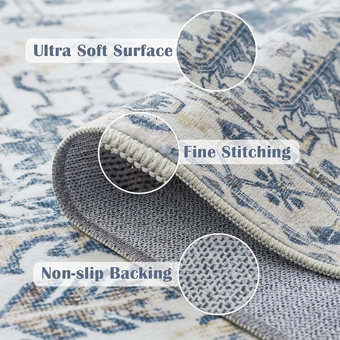 jinchan Lima 6x9 Area Rug for Living Room Washable Soft Throw Rug Ultra-Thin Stain Resistant Non-Slip Distressed Vintage Floral Large Carpet for Bedroom Dining Room Home Office Nursery (6x9ft, Blue)