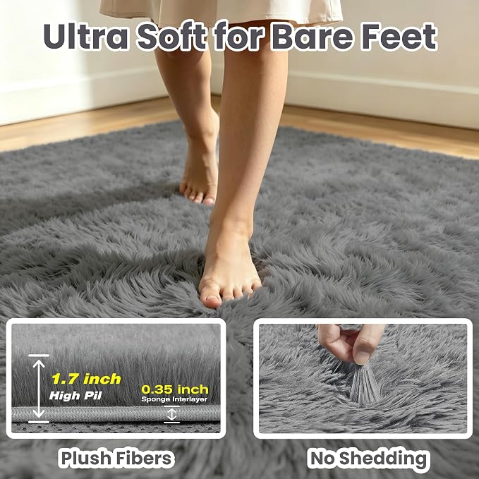 4x6 Fluffy Area Rug for Living Room: Non-Slip Light Grey Bedroom Carpet | Ultra - Image 7