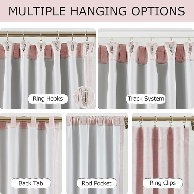 Vision Home Pink Linen Full Blackout Curtains 95 inch Long for Bedroom Living Room Darkening Light Blocking Window Panels Thermal Insulated Rod Pocket Back Tab Neutral Drapes 56" Wx95 Lx2