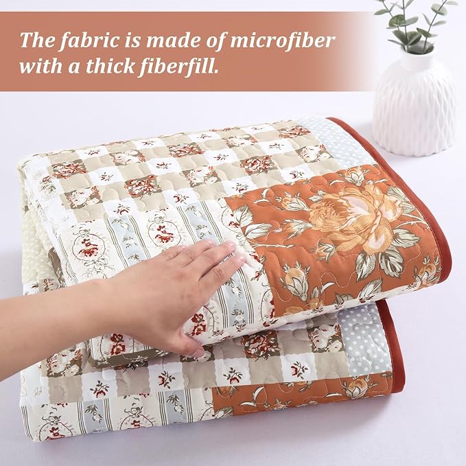 Anibedding Floral Patchwork Quilt Set Queen, Terracotta Plaid Bedspread | 3 Pcs - Image 5