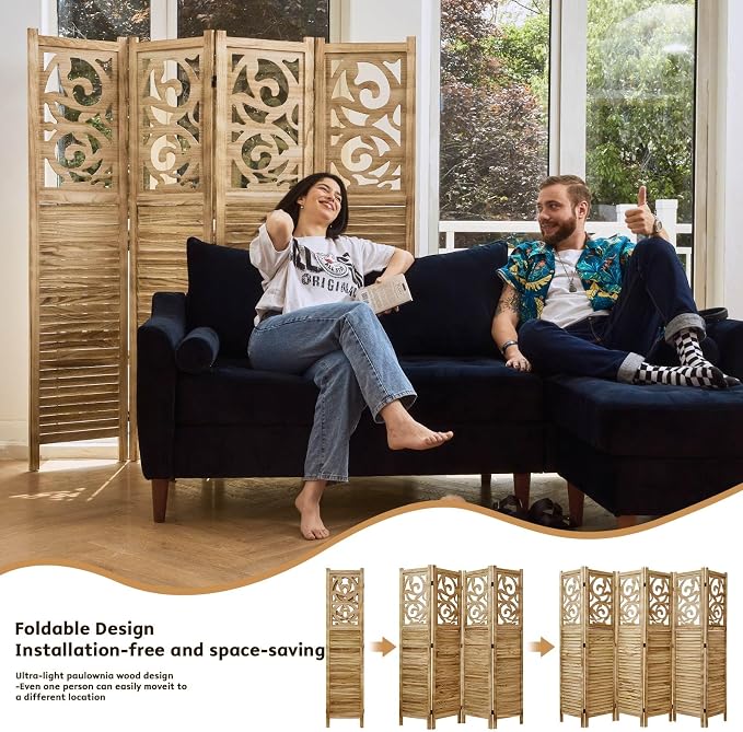 Svimi Folding Room Divider, 5.6Ft 4 Panels Wood Carved Privacy Screens - Image 5