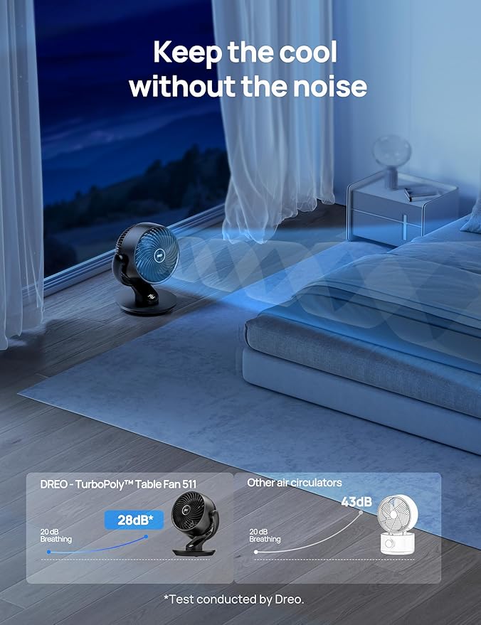 Dreo Fan for Bedroom, 13-Inch Oscillating Table Air Circulator Fan for Whole Room, 120° Tilt Adjustment, 28dB Ultra-Quiet, 70ft Powerful Airflow, 4 Speeds Desk Fans with Remote for Home, Office