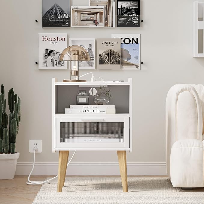 MMEOLUOOK Nightstand with Charging Station, Bedside Tables with Glass - Image 6