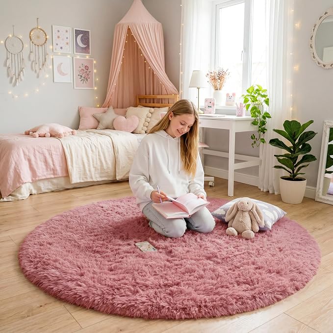 Amdrebio Blush Pink Fluffy Round Circle Rug 4Ft - Image 2