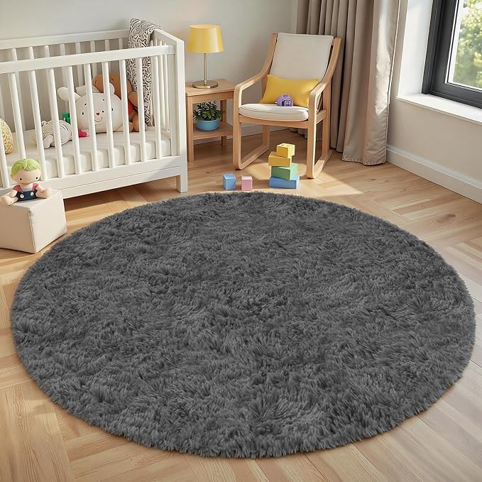 Dark Gray Round Fluffy Rug 6ft Plush Fuzzy Shaggy Carpet | Soft Rugs - Image 9