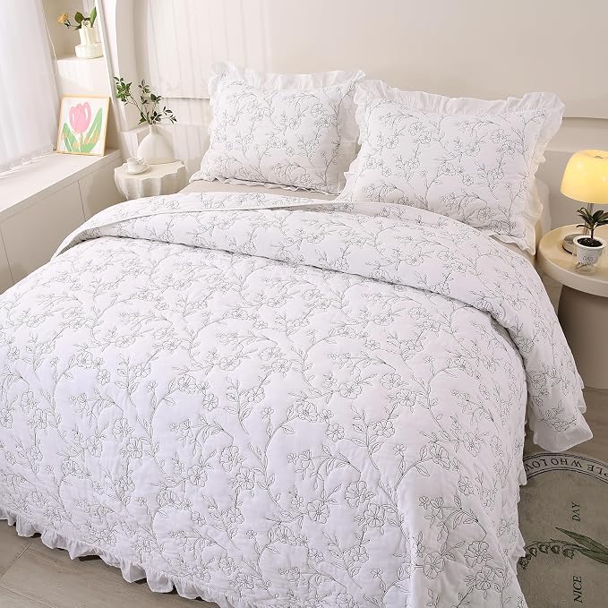 ROOMLIFE Quilt Set Full Size 3D Floral Embroidery Pattern 3-Piece Cotton by ROOMLIFE
