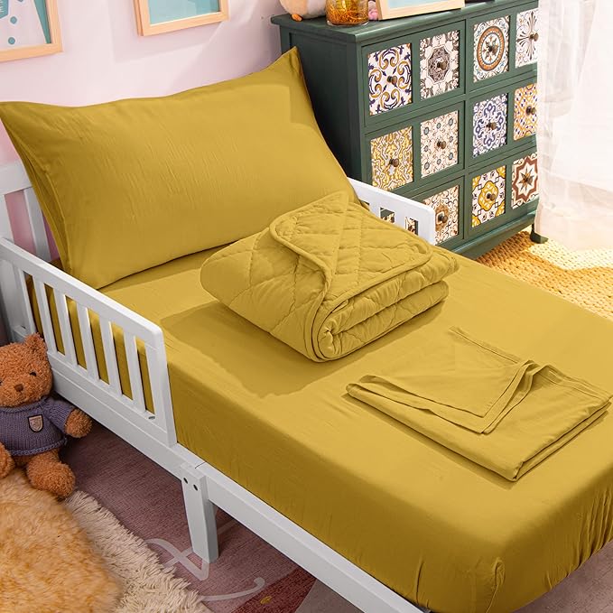 NTBAY Toddler Bedding Set - 4 Piece Soft and Breathable Crib Bedding Set for Boys and Girls, Includes Quilted Comforter, Fitted Sheet, Flat Top Sheet and Envelope Pillowcase, Yellow