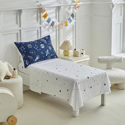 DuShow Navy Blue Toddler Bedding Set for Boys,4 Pieces Space Crib Bed Sheets Set,Soft Toddler Comforter Set in a Bag, Includes Quilted Comforter, Flat Top Sheet, Fitted Sheet, Envelope Pillow Case