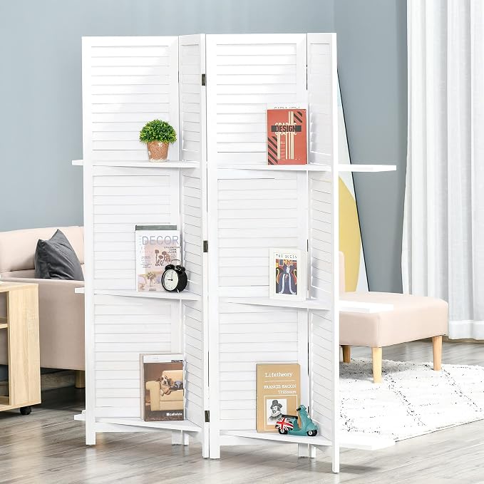 HOMCOM Room Divider 4 Panel 67" Tall Privacy Screen 3 Display Shelves White | - Image 2