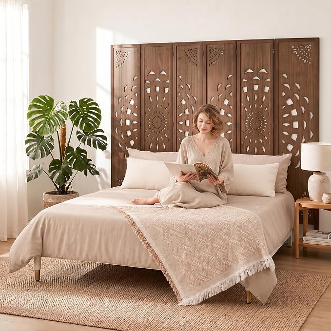 6 Panel Room dividers, 66.9" Boho Double-Sided Carved Screen, Freestanding - Image 2