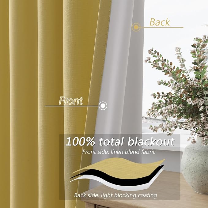 Yellow 100% Blackout Linen Curtains 108 Inch Length 2 Panels Set - Image 3