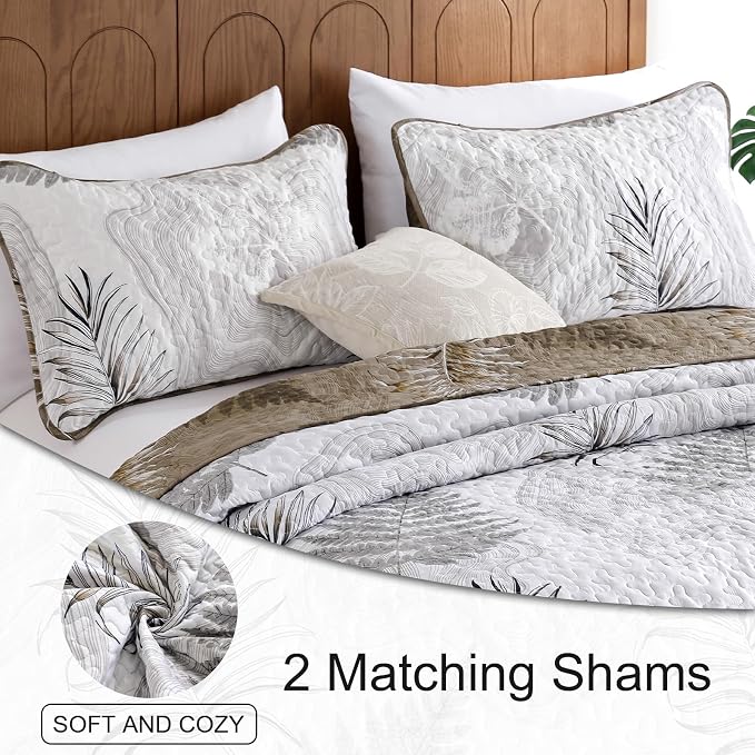 DJY Queen Size Brown Quilt Set, 3 Piece Reversible Leaves Bedding Set | Soft - Image 7