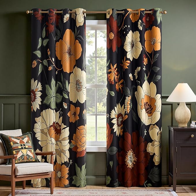 jinchan Black Boho Floral Blackout Curtains 90 Inch Grommet 2 Panels | Room by JINCHAN