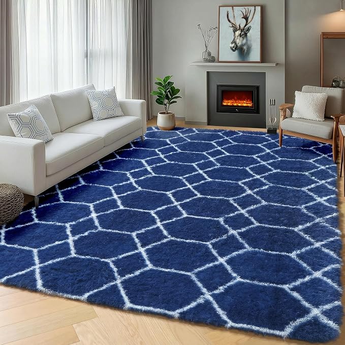 Geometric Area Rugs 5x8 for Living Room, Fluffy Moroccan Navy and White Rug for by ONASAR