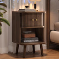 Decofy Fluted Nightstand, Charging Station & Sliding Door, Walnut | Open Shelf by Decofy
