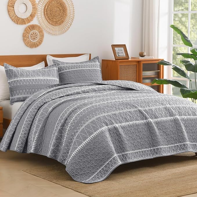 King Size Quilt Set Grey, 3 Pieces Boho Striped Bedspread | Soft Lightweight by Andency