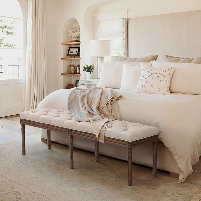 LUE BONA 60" Fabric End of Bed Bench, Upholstered Tufted French Bedroom Bench - Image 4