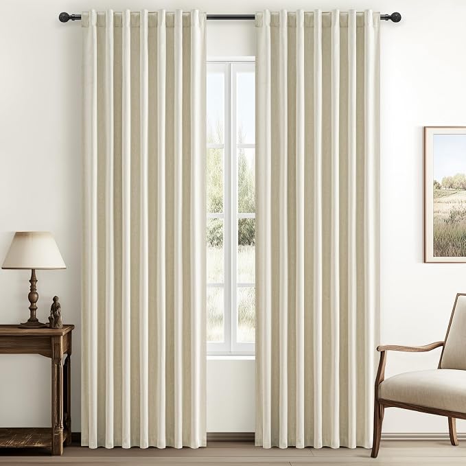 Warm Cream Thick Linen Black Out Curtains 84 Inch Long by QJMYDECO