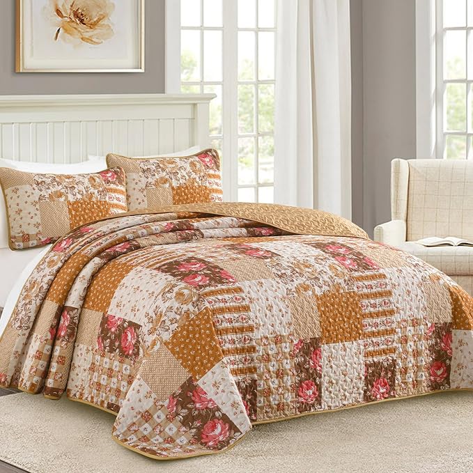 Floral Quilt Set Queen Size, 3 Pieces Patchwok Burnt Orange Brown Bedspread - Image 2