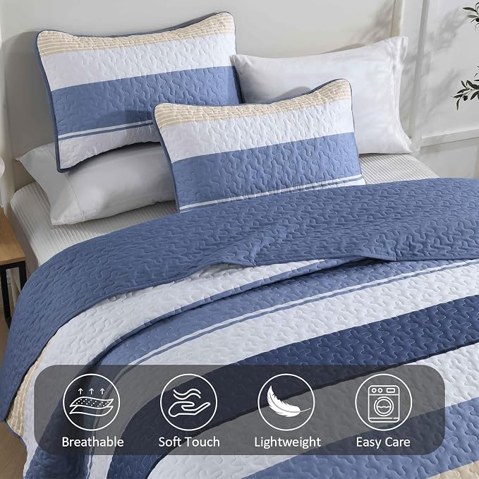 Dinjoy King Boho Striped Quilt Set, Breathable All-Season, 3-Piece Set Fits - Image 4