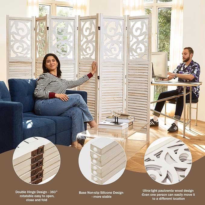 Svimi Folding Room Divider, 5.6Ft 6 Panels Wood Carved Privacy Screens - Image 6