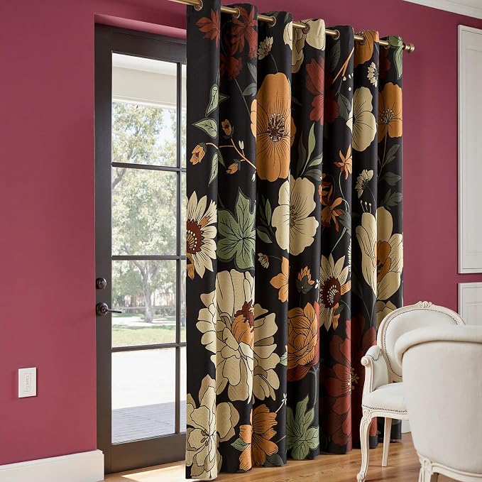 jinchan Black Boho Floral Blackout Curtains W100xL96 Grommet 1 Panel | Room - Image 2
