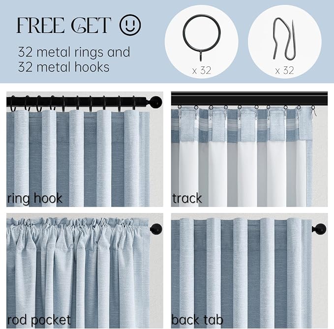 Topfinel Light Blue Linen Blackout Pleated 105 Inch Curtains - Image 4