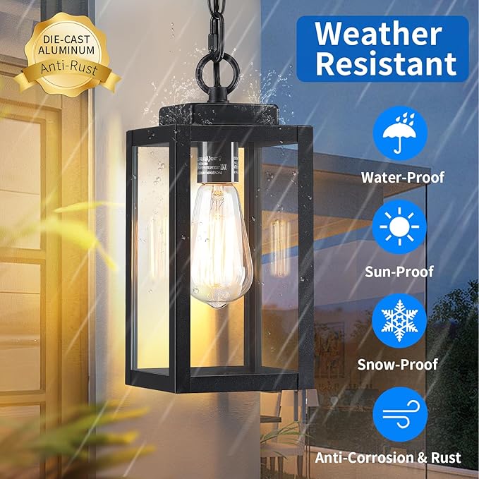 MYHXQ 11'' Outdoor Pendant Light, Modern Outside Chandelier Outdoor Hanging Lantern Light, Matte Black with Clear Glass, Exterior Pendant Lighting Fixture for Porch, Yard, Gazebo, 1Pack