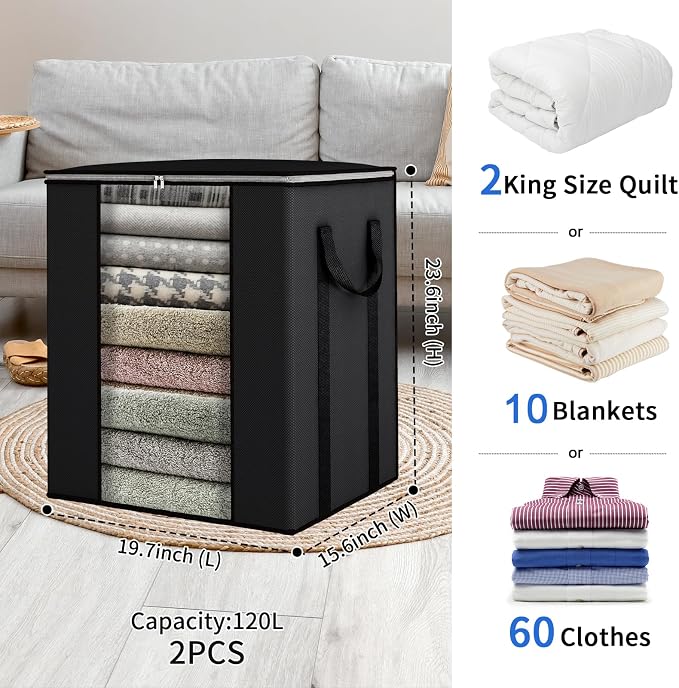 Blanket Storage Bags 120L for Comforter Clothes Bedding 2 Pack Black | - Image 2