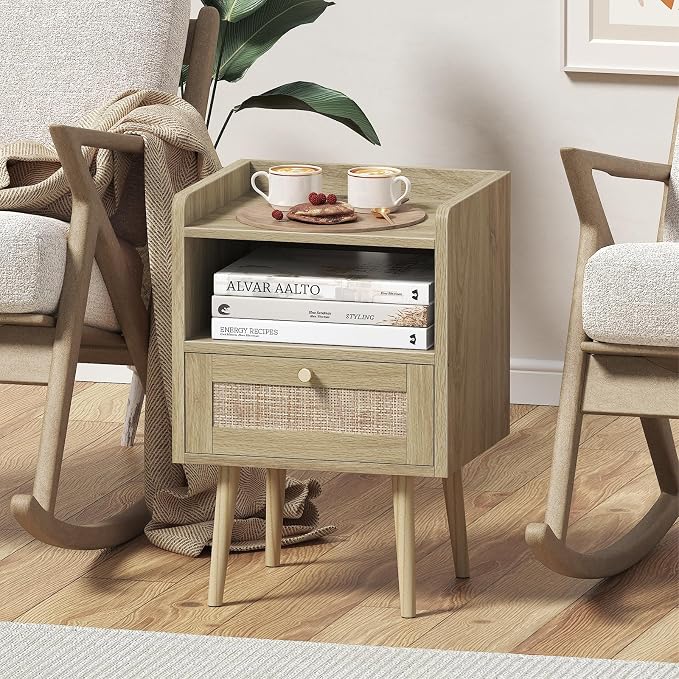 MECHYIN Night Stand with Charging Station & Rattan Decor Drawer, Boho Bedside - Image 7