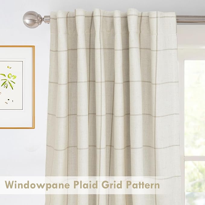 DriftAway 100% Blackout Plaid Linen Curtains 108 Inches Long 2 Panels Taupe | - Image 5