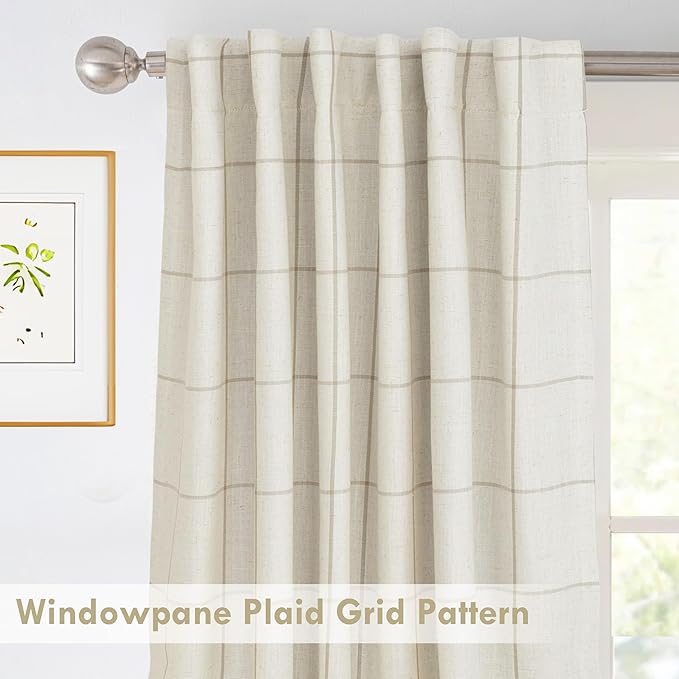 DriftAway 100% Blackout Plaid Linen Curtains 102 Inches Long 2 Panels Taupe | - Image 3