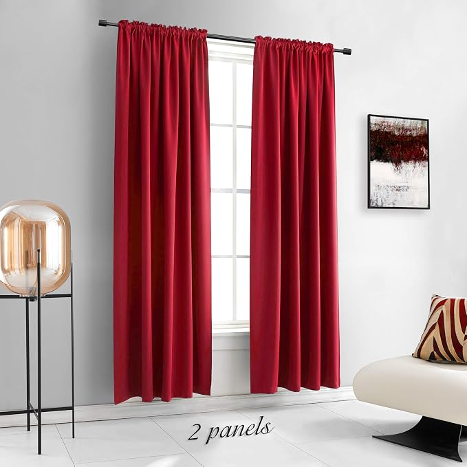 Red Bedroom Blackout Drapes Insulating Room Darkening Rod Pocket Curtain Panels - Image 2