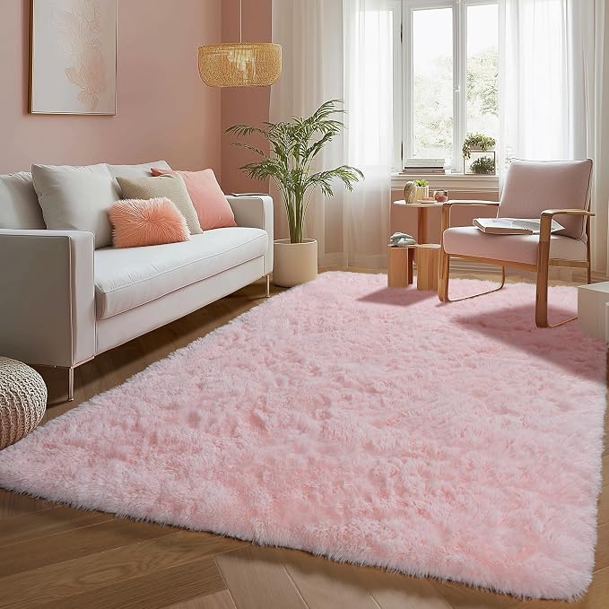 Pink Fluffy Shag Machine Washable Area Rugs by PAGISOFE