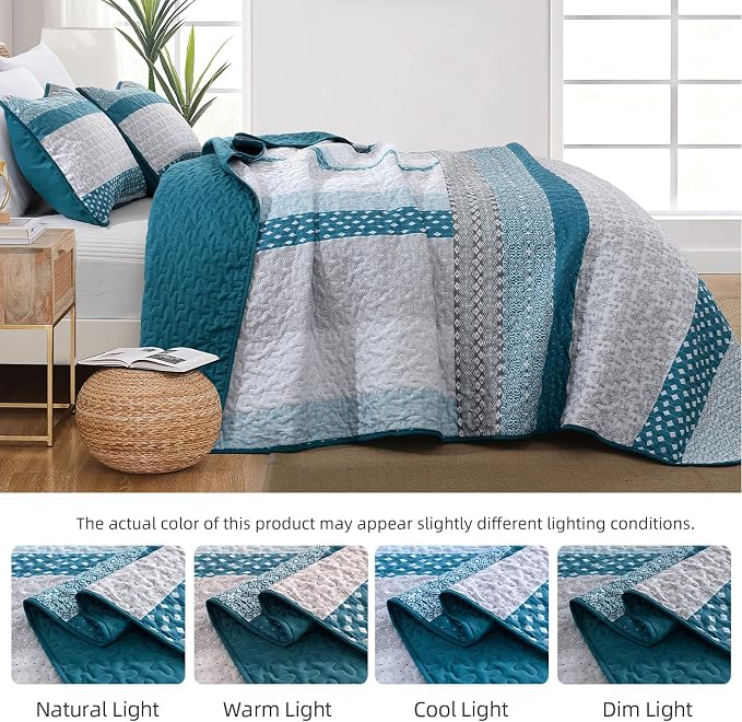 WONGS BEDDING Teal Blue Queen Size Quilt Set, Boho Striped Bedspread | 3 Pieces - Image 6
