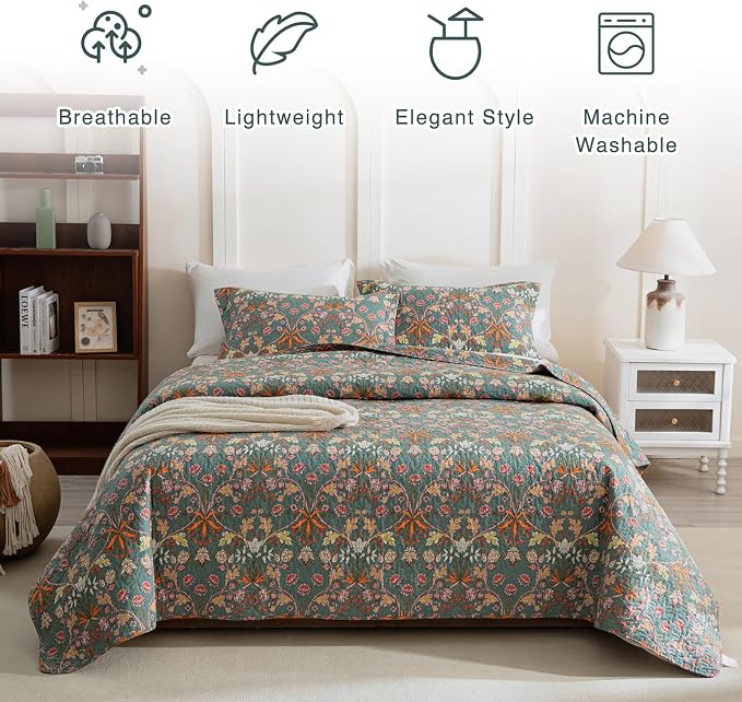 QSH 100% Cotton Floral Quilt Sets Queen Bedding Set-3PCs Luxury Paisley - Image 2